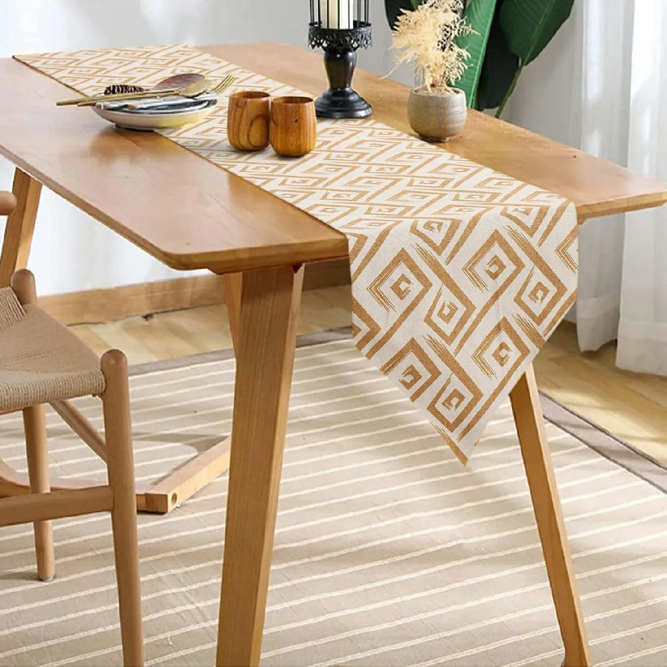 100% Cotton Table runner For 4 or 6 seater Dining / Centre Table - Yellow / Beige