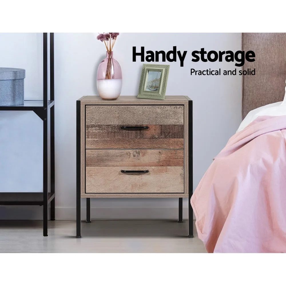 Bedside Table 2 Drawers, Black Oak, Metal Frame - Artiss