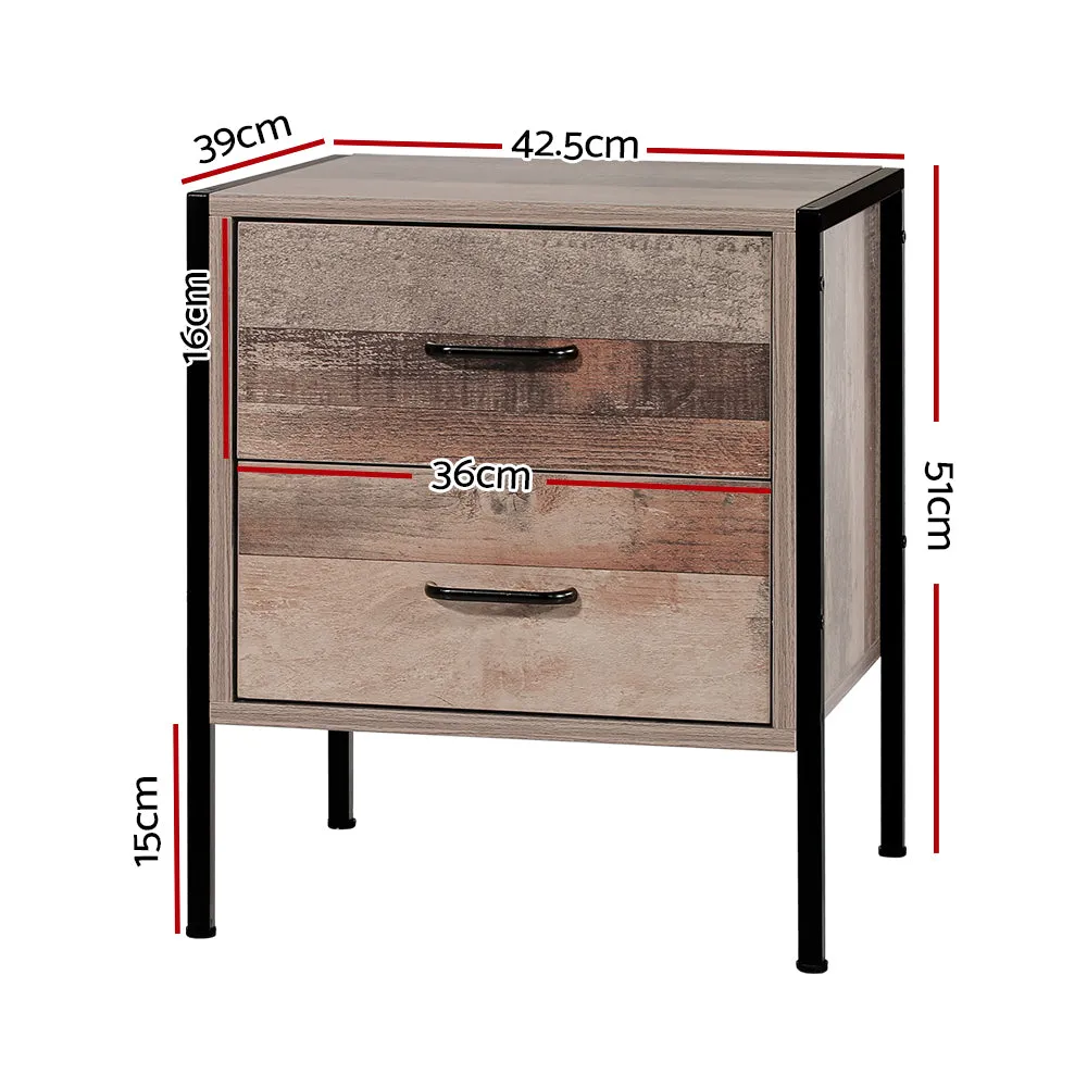Bedside Table 2 Drawers, Black Oak, Metal Frame - Artiss