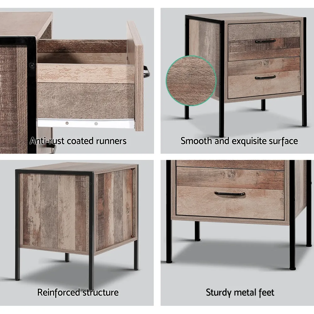 Bedside Table 2 Drawers, Black Oak, Metal Frame - Artiss