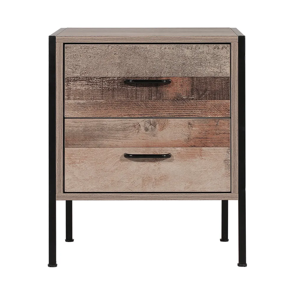 Bedside Table 2 Drawers, Black Oak, Metal Frame - Artiss