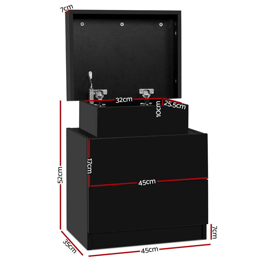 Black Bedside Table 2 Drawers Lift-up Storage - Artiss