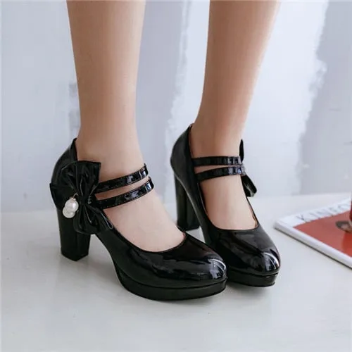 Sweet Butterfly-Knot Women Pumps Round Toe Square High Heels