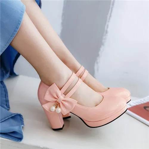 Sweet Butterfly-Knot Women Pumps Round Toe Square High Heels