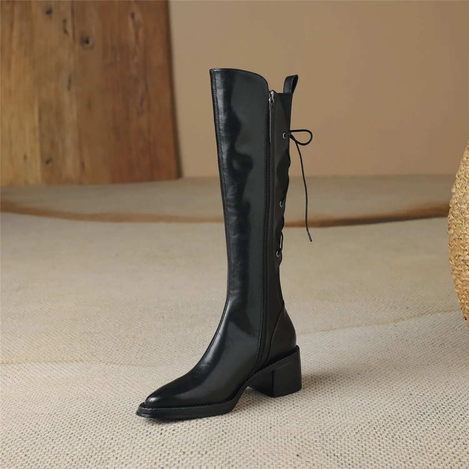 TinaCus Genuine Leather Women's Band Design Pointed Toe Handmade Chunky Heel Zip Up Knee High Boots