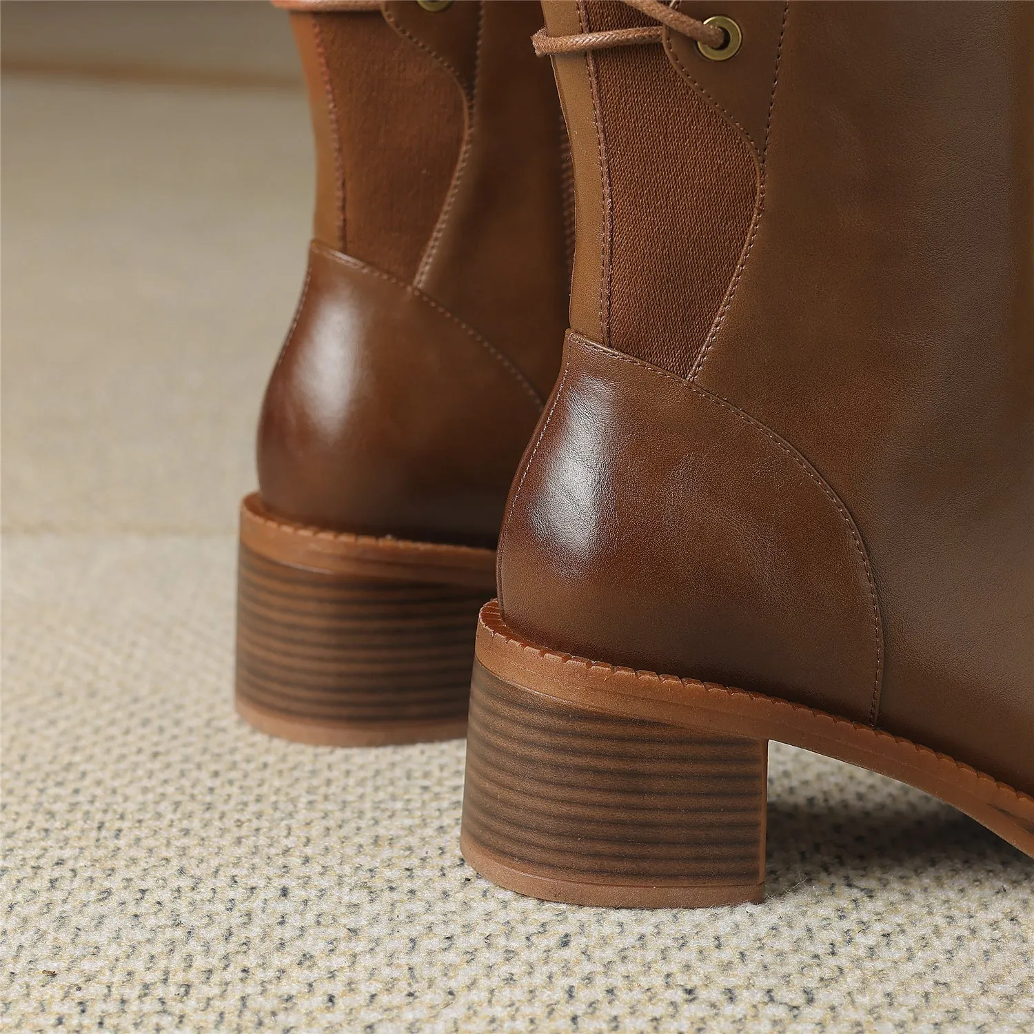 TinaCus Genuine Leather Women's Band Design Pointed Toe Handmade Chunky Heel Zip Up Knee High Boots