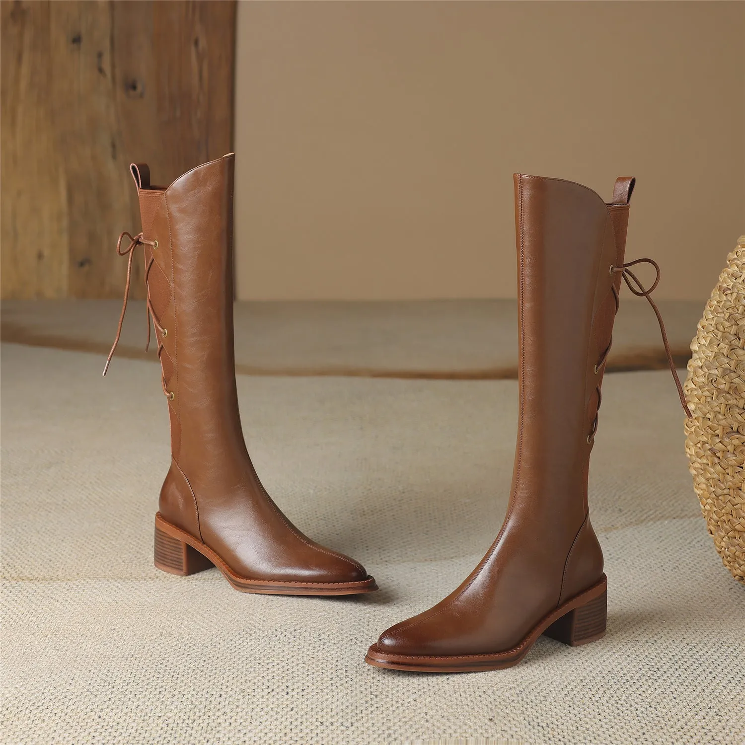 TinaCus Genuine Leather Women's Band Design Pointed Toe Handmade Chunky Heel Zip Up Knee High Boots