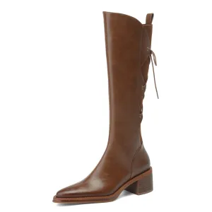 TinaCus Genuine Leather Women's Band Design Pointed Toe Handmade Chunky Heel Zip Up Knee High Boots