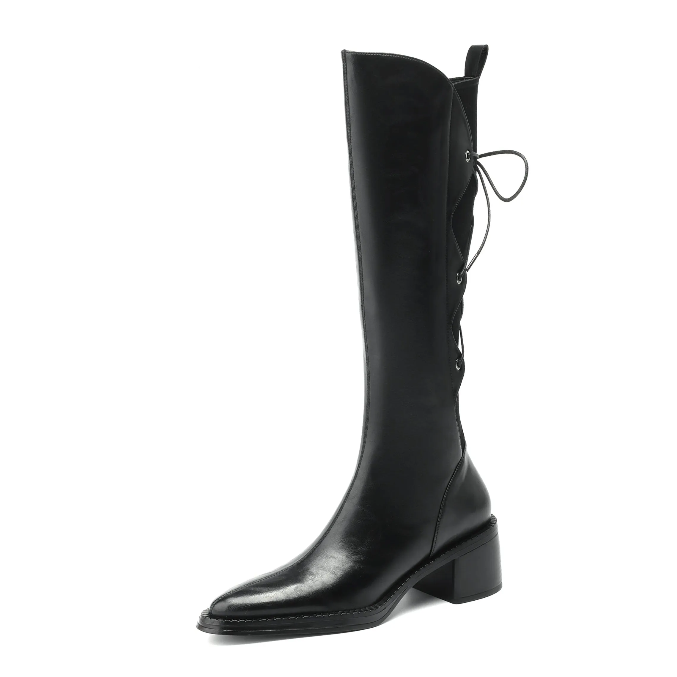 TinaCus Genuine Leather Women's Band Design Pointed Toe Handmade Chunky Heel Zip Up Knee High Boots