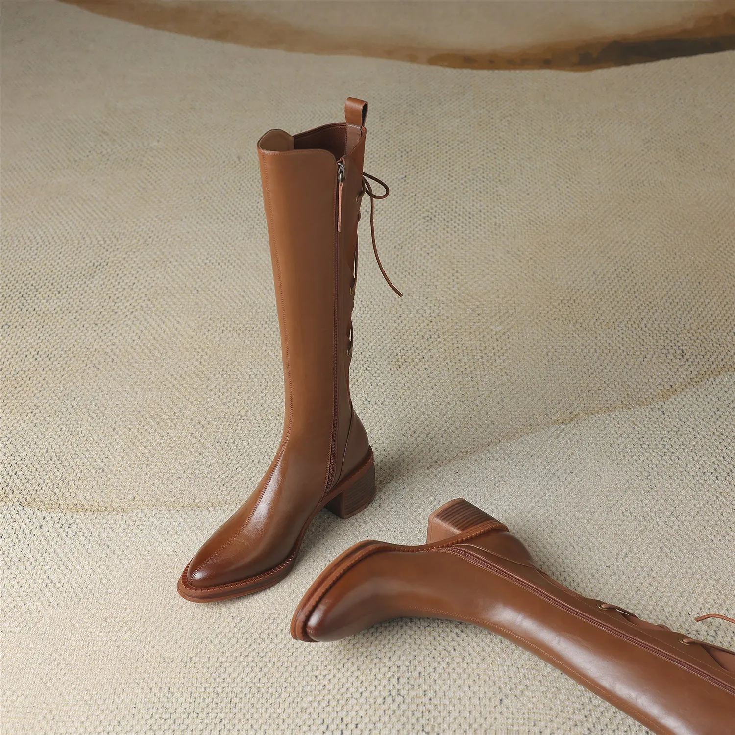 TinaCus Genuine Leather Women's Band Design Pointed Toe Handmade Chunky Heel Zip Up Knee High Boots